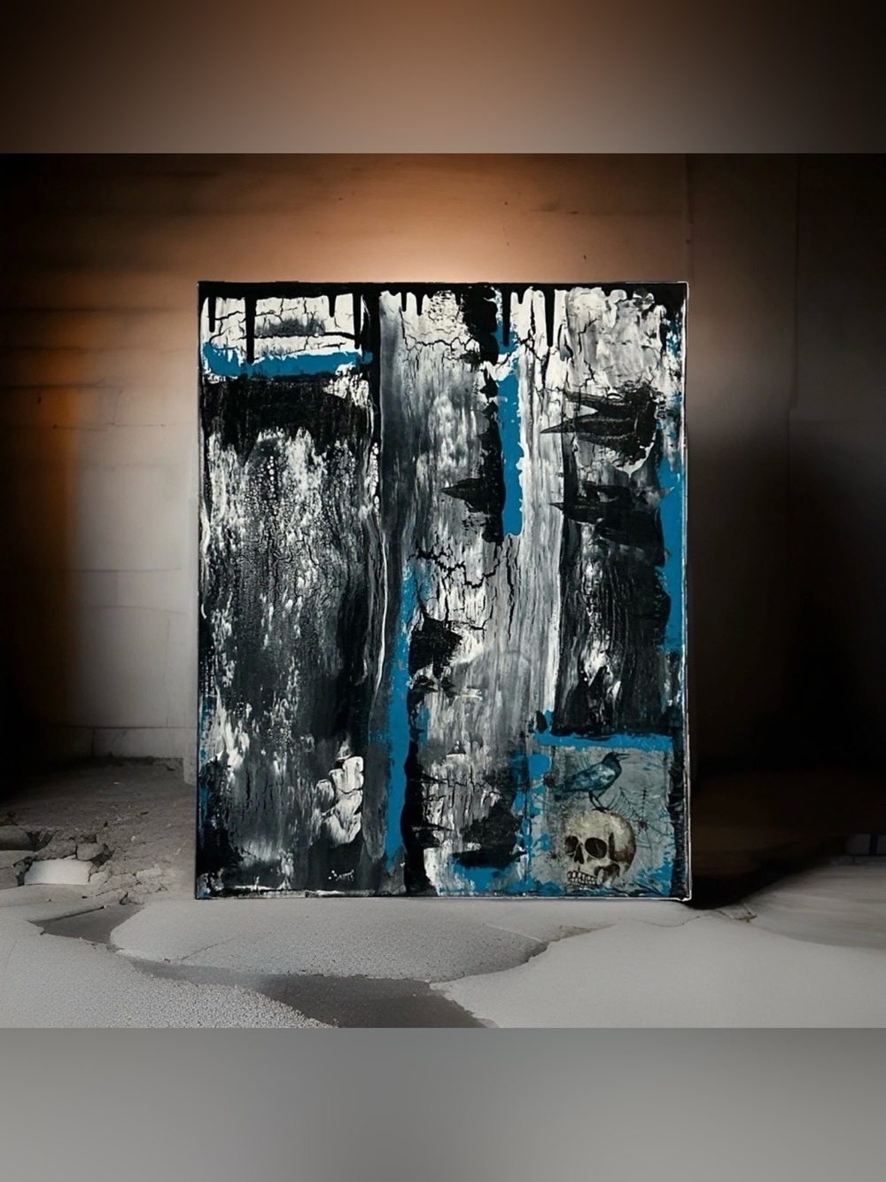 Canvas‎ Painting  16 X 20 Blue Black Gothic Art Skull Signed Titled Grim Reaper